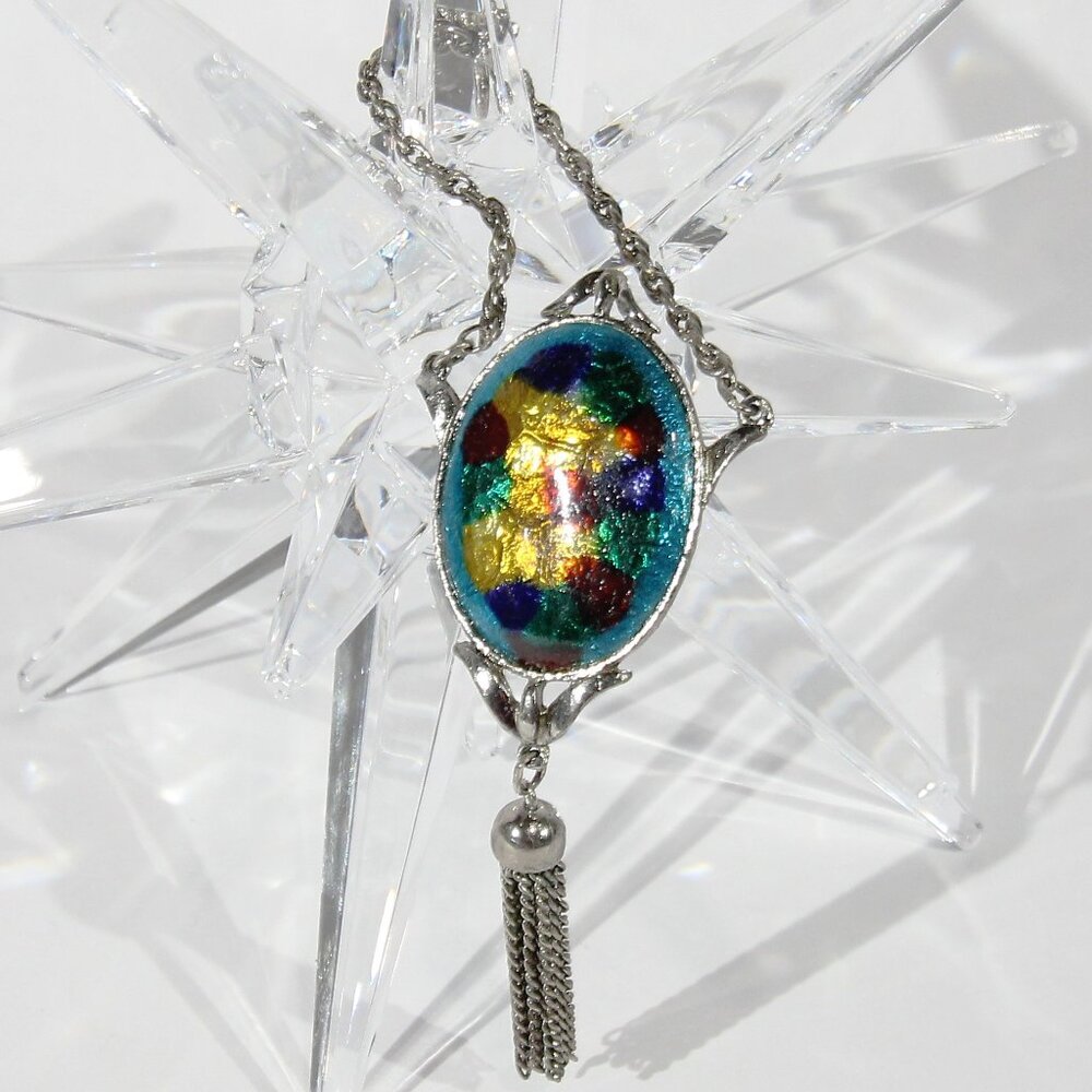 Vintage Celebrity Silver Tone 1970's Enamel Pendant with Tassel